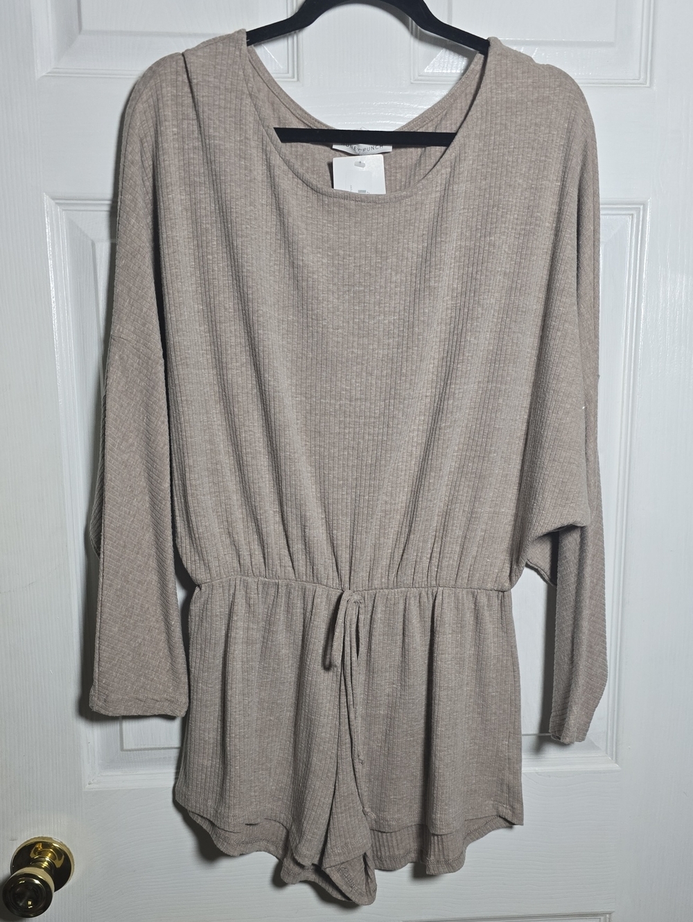 Honey Punch Ribbed Long-Sleeve Romper in Beige RiffRaff Chill Time Knit L Large